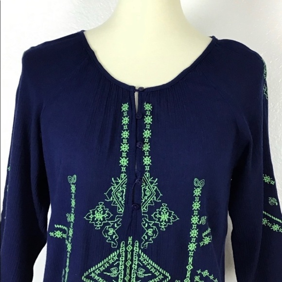 Altar’d State Top Boho Tie Up Blue Embroidery Green Size S - Picture 4 of 7